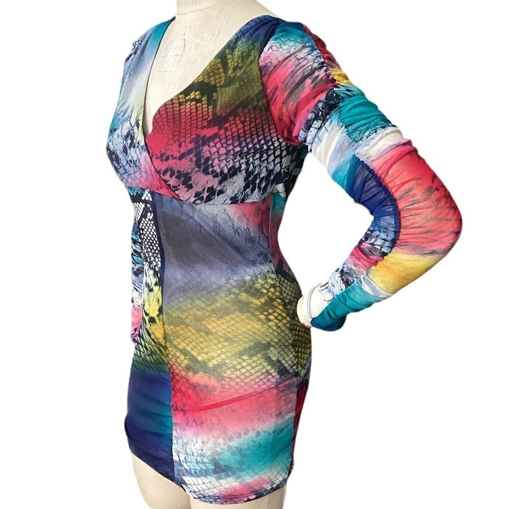 Women's Contemporary Ruched Sleeve Surplice Mini Dress Mixed Pattern S/M #186i - Picture 5 of 7